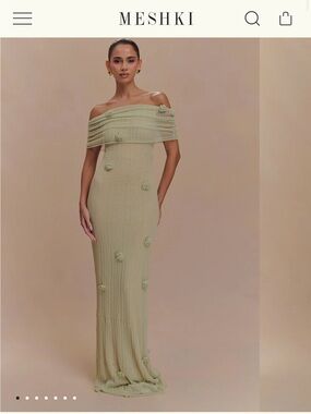 Meshki Sage Green Off-Shoulder Maxi Dress with Floral Rosettes- Perfect Dress